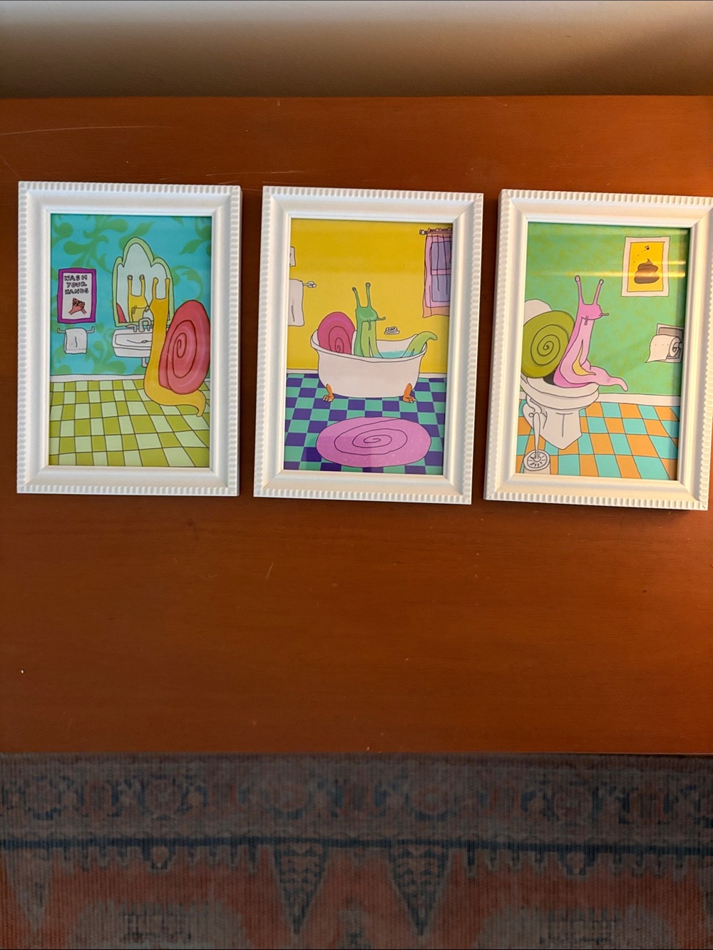 Whimsical Snail Bathroom Art Prints - Trio in Pastel Greens, Pinks & Yellows